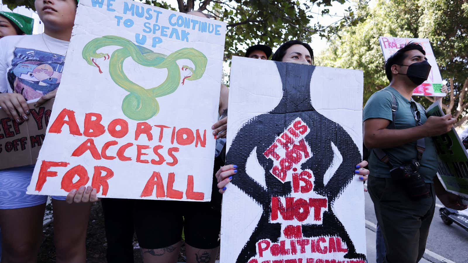 Abortion rights protesters demonstrate after the U.S. Supreme Court ruled in the Dobbs v Women’s Health Organization abortion case, overturning the landmark Roe v Wade abortion decision in Los Angeles, California, U.S., June 27, 2022.