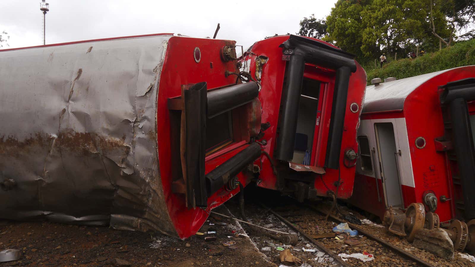 A derailed train with coaches on their sides in Eseka, Cameroon.