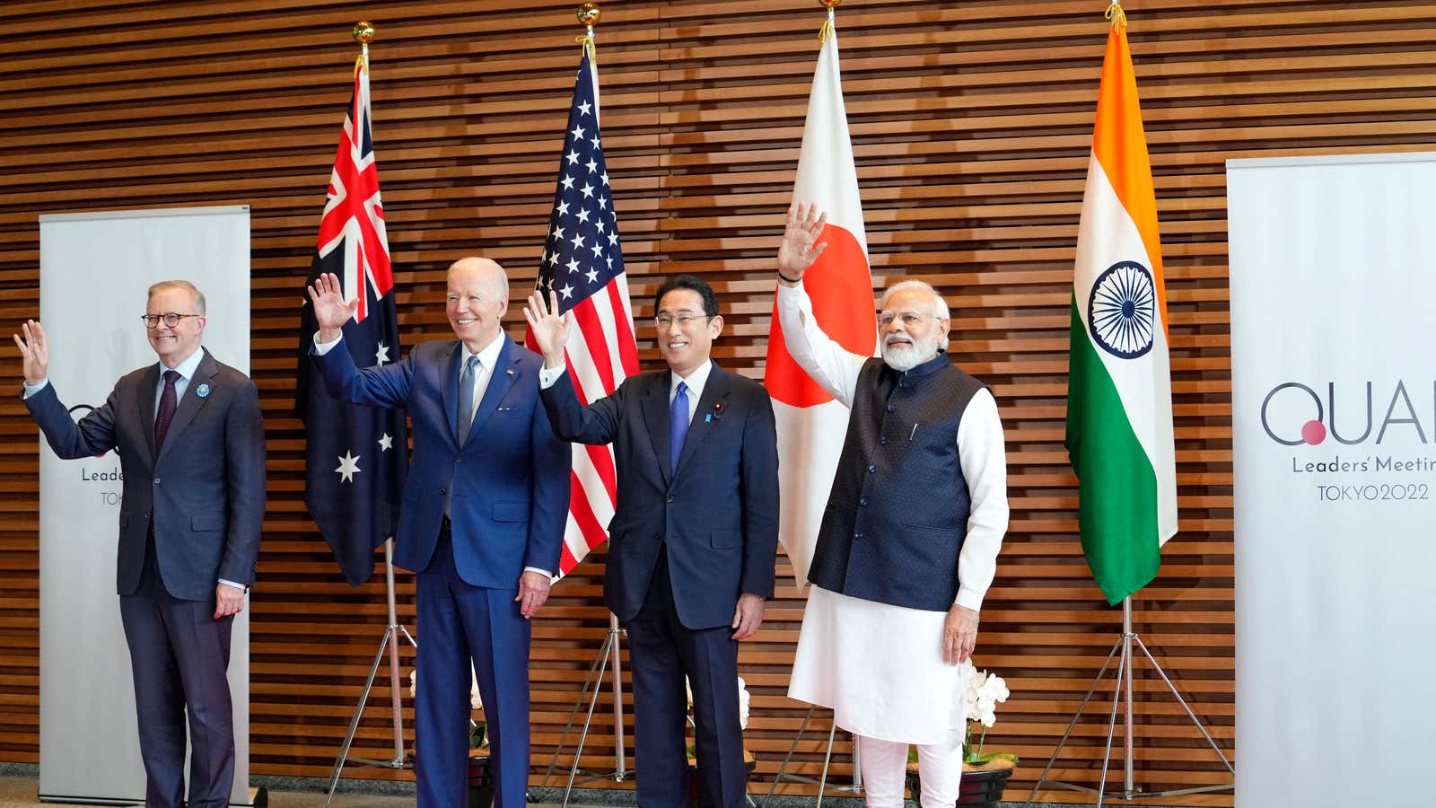 Prime Minister of Australia Anthony Albanese, U.S. President Joe Biden, Prime Minister of Japan Fumio Kishida, Prime Minister of India Narendra Modi, pose for photos at the entrance hall of the Prime Minister’s Office of Japan in Tokyo, Japan, May 24, 2022. Zhang Xiaoyu/Pool via REUTERS