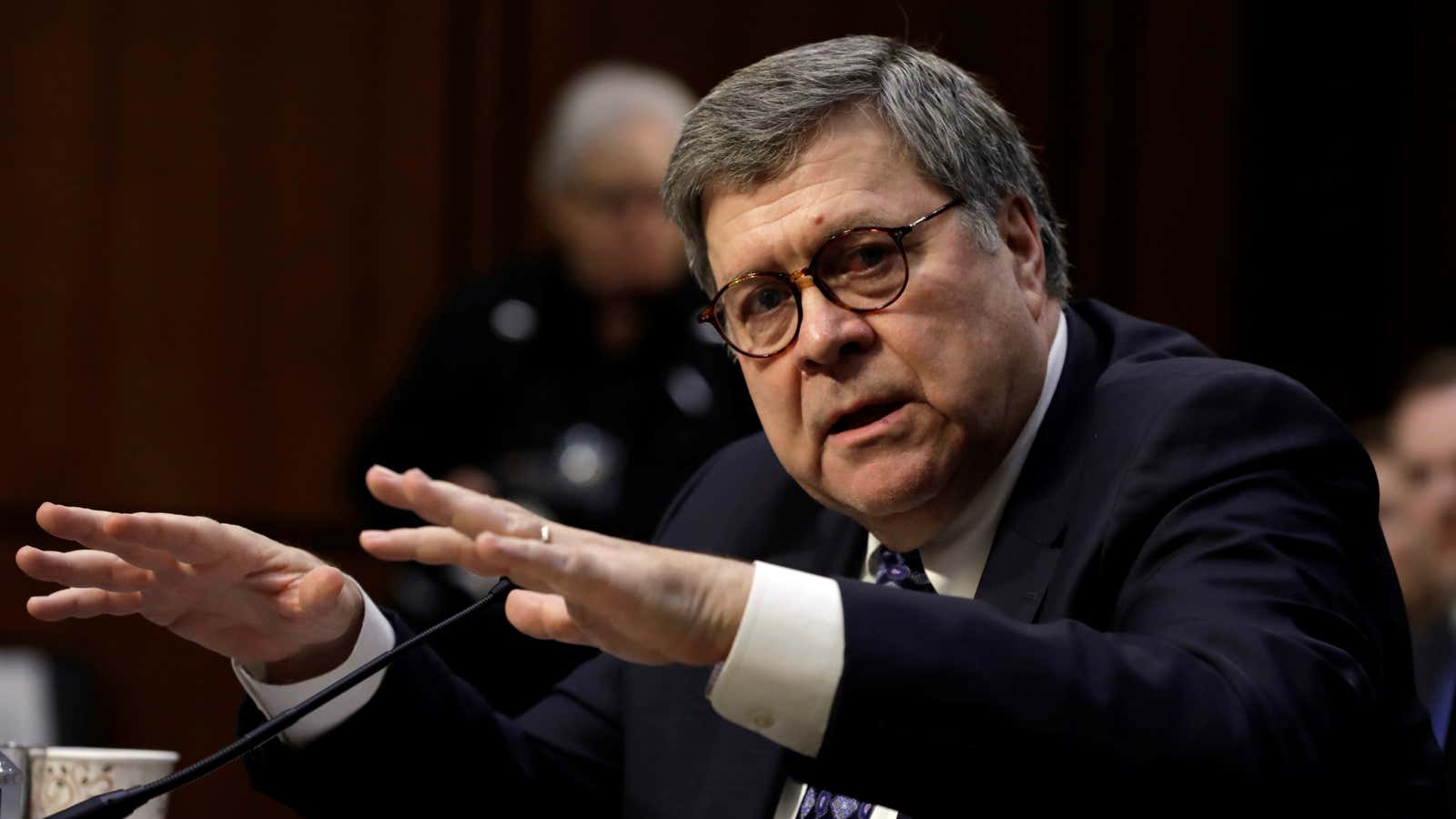 William Barr testifies at a Senate Judiciary Committee hearing.