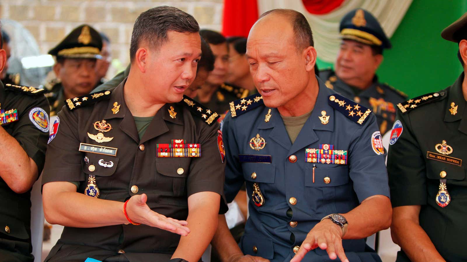 Hun Sen’s eldest son Hun Manet (left) at a ceremony in Phnom Penh, Cambodia, in June 2018.