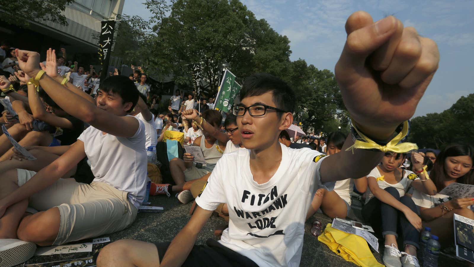 University students chant slogans at the Chinese University of Hong Kong as they boycott classes in Hong Kong.