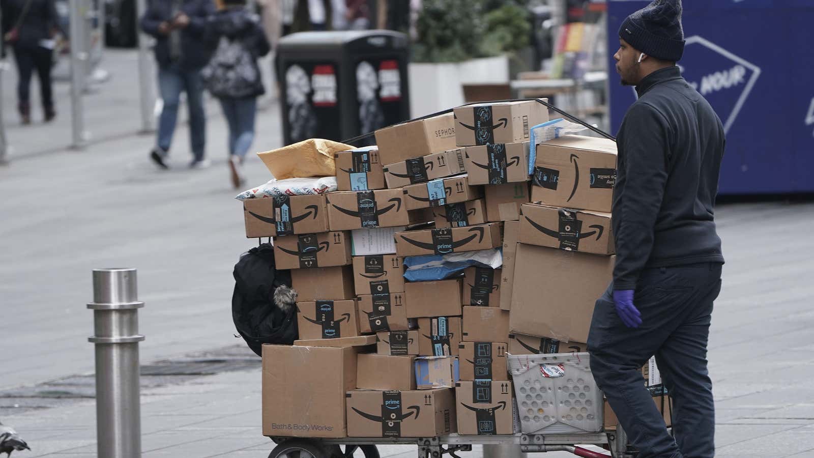 A delivery person in New York’s Times Square after the beginning of the coronavirus outbreak.