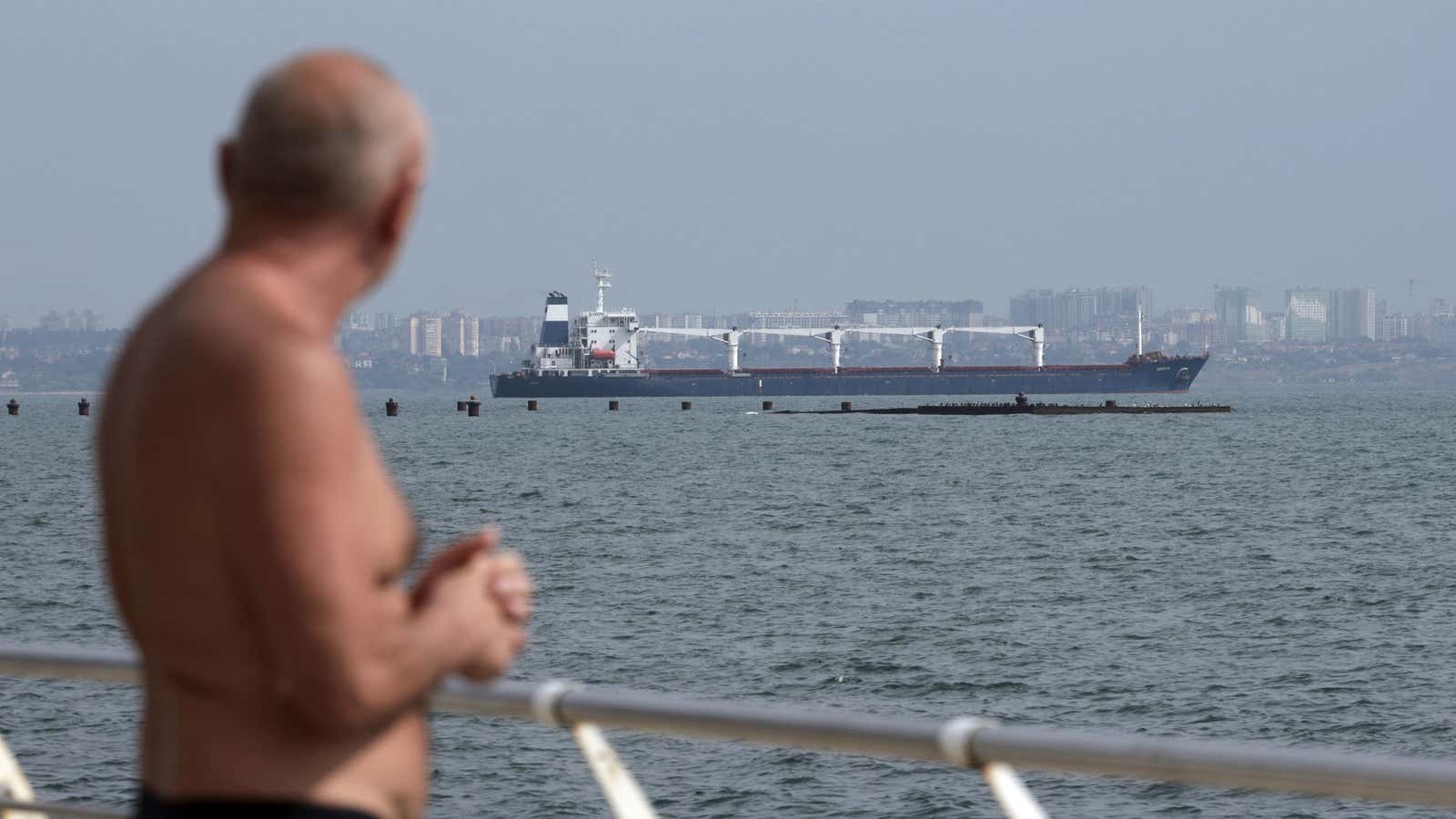 Bulk carrier M/V Razoni, carrying a cargo of 26,000 tonnes of corn, leaves Ukraines port of Odessa, en route to Tripoli in Lebanon, on August 1, 2022.