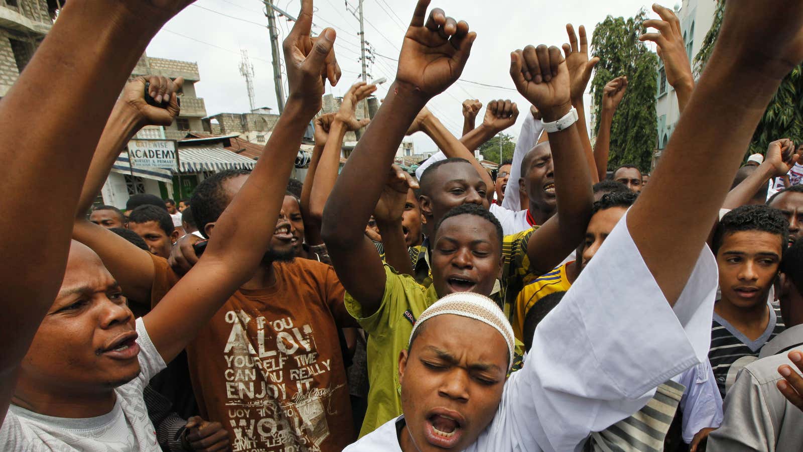 Kenyan Muslims in front of a Mosque in Mombasa, Kenya 31 August 2012 Some 200 protested the killing of cleric Aboud Rogo Mohammed