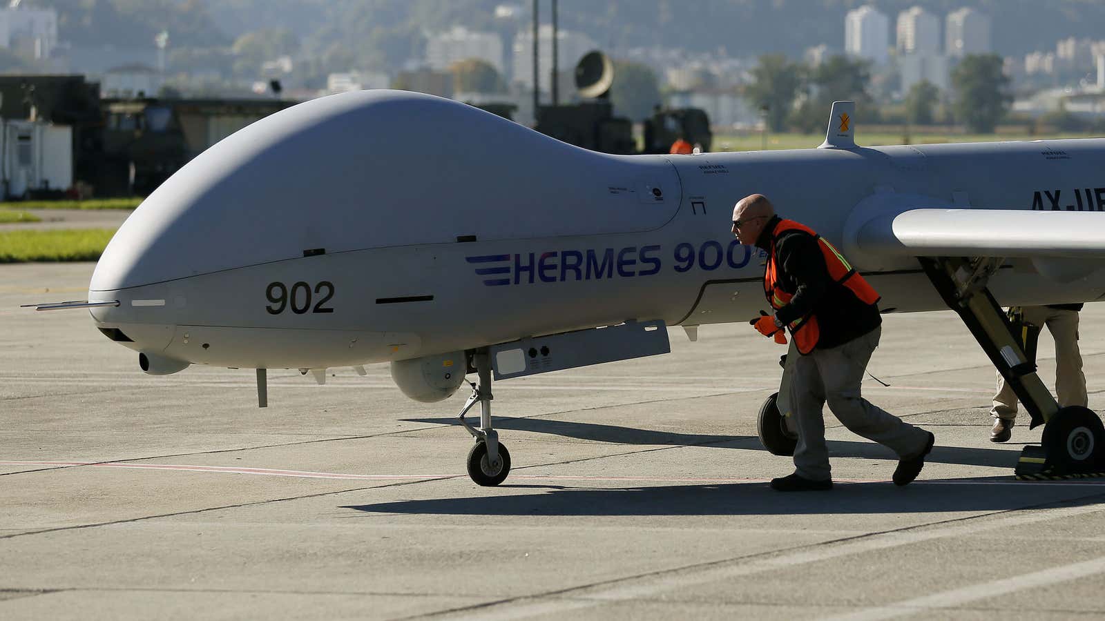 An Elbit Hermes aircraft showcase in Switzerland in 2012.