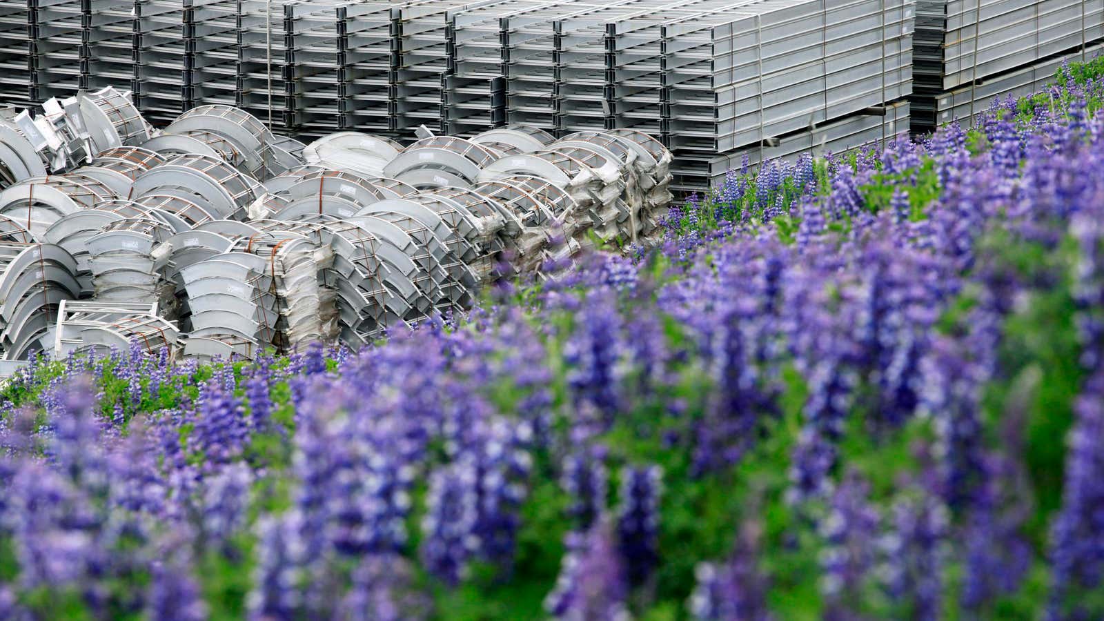 Stockpiles of fabricated aluminum at Alcoa’s Fjardaal aluminum smelter in Iceland.