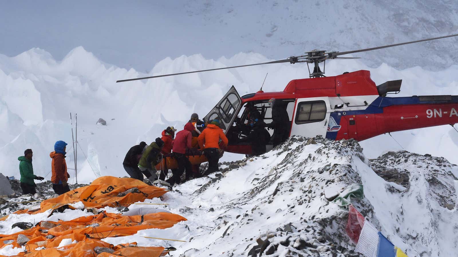 A rescue helicopter loading up at Everest base camp on April 26.