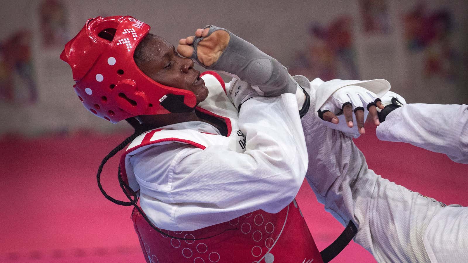 Kenya’s Faith Ogallo (in red) competes in the 12th edition of the African Games in 2019.