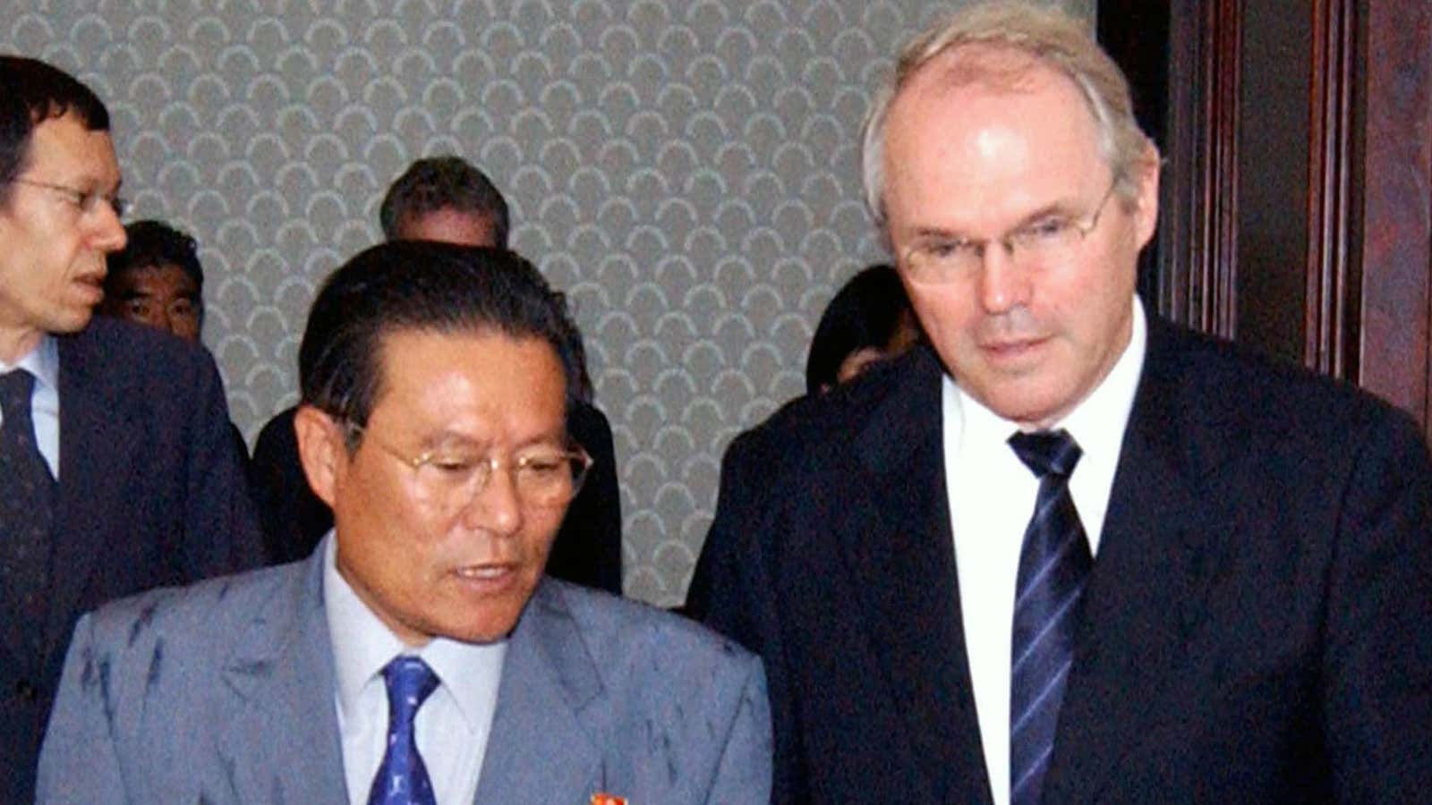 Chris Hill with a North Korean official in better times