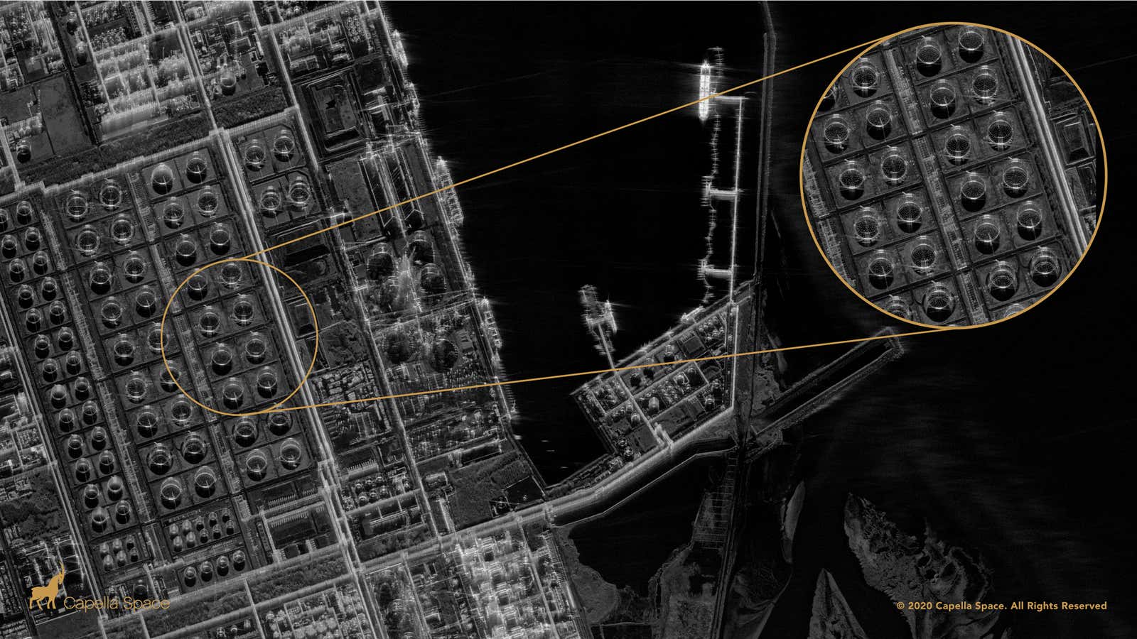 A synthetic aperture radar image of an oil refinery in Taiwan produced by Capella Space’s remote-sensing satellite.