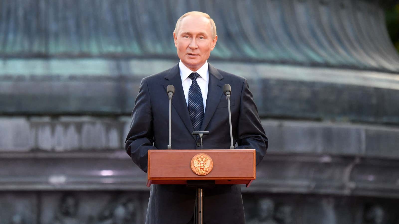 Russian President Vladimir Putin gives a speech during an event to mark the 1160th anniversary of Russia&#39;s statehood in Veliky Novgorod on September 21, 2022. 