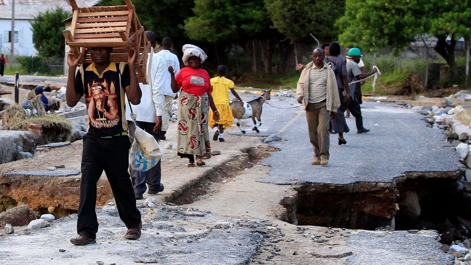 Roads destroyed by floods near Kilembe copper mines, in Kasese district, Uganda