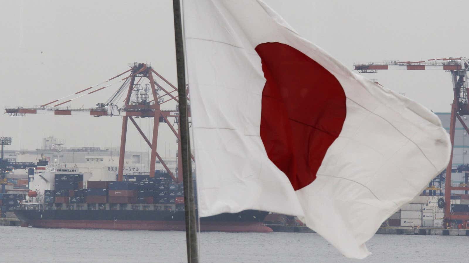 A cargo ship is seen behind Japan’s national flag at an industrial port in Tokyo.
