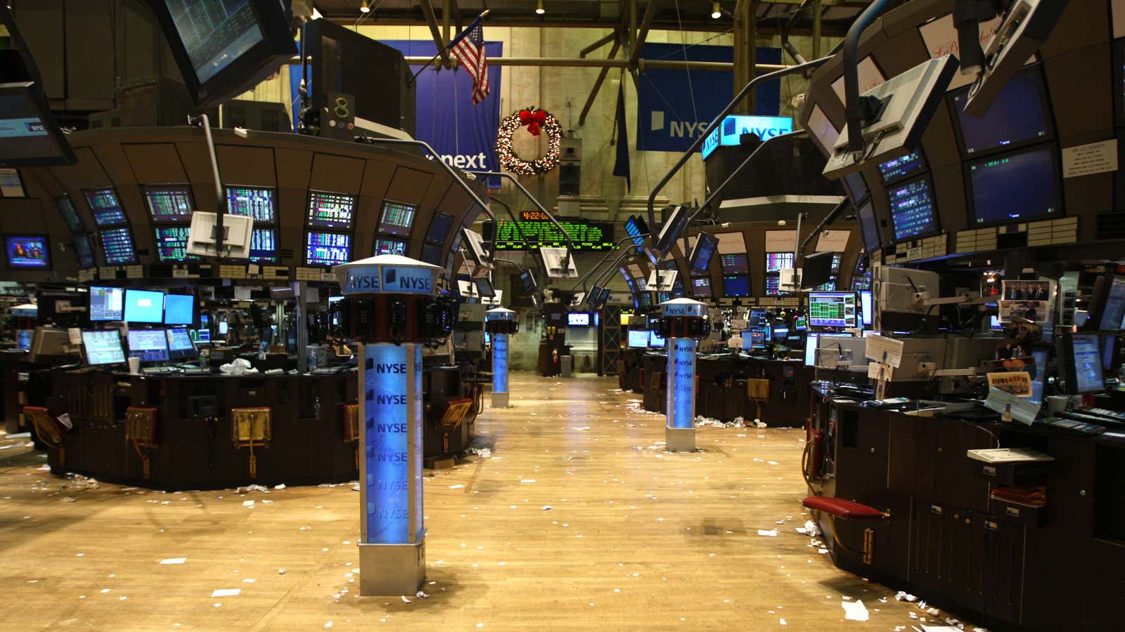 An empty trading floor at the New York Stock Exchange on Dec. 31, 2008