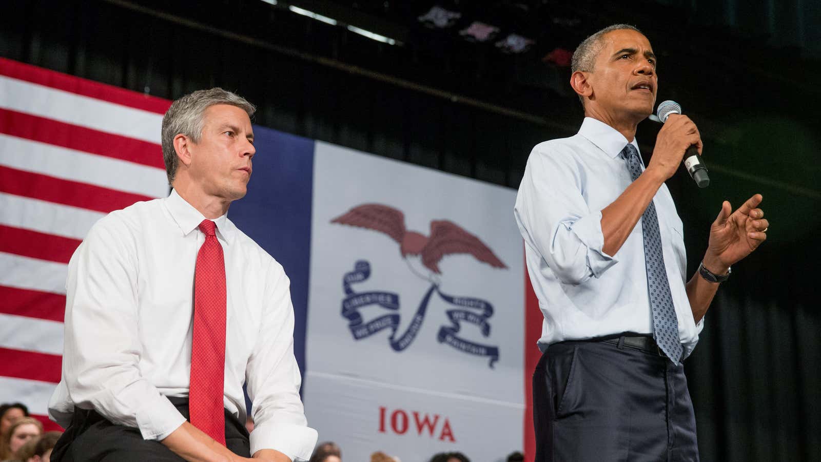 President Barack Obama, accompanied by Secretary of Education Arne Duncan in 2015.