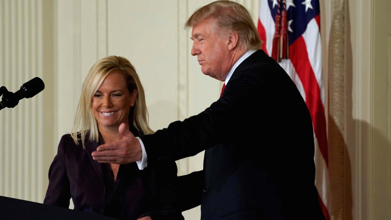 U.S. President Donald Trump welcomes his Secretary of Homeland Security nominee Kirstjen Nielsen as he introduces her at the White House in Washington, U.S., October 12, 2017. REUTERS/Yuri Gripas – RC1B0181B740