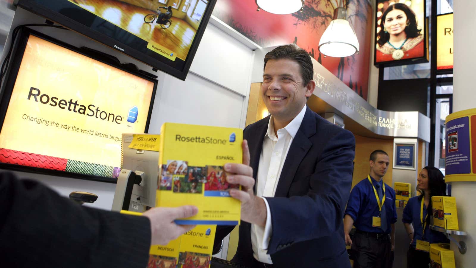 So much for those bright yellow boxes; CEO Steve Swad is closing shop on the rest of Rosetta Stone’s kiosks.