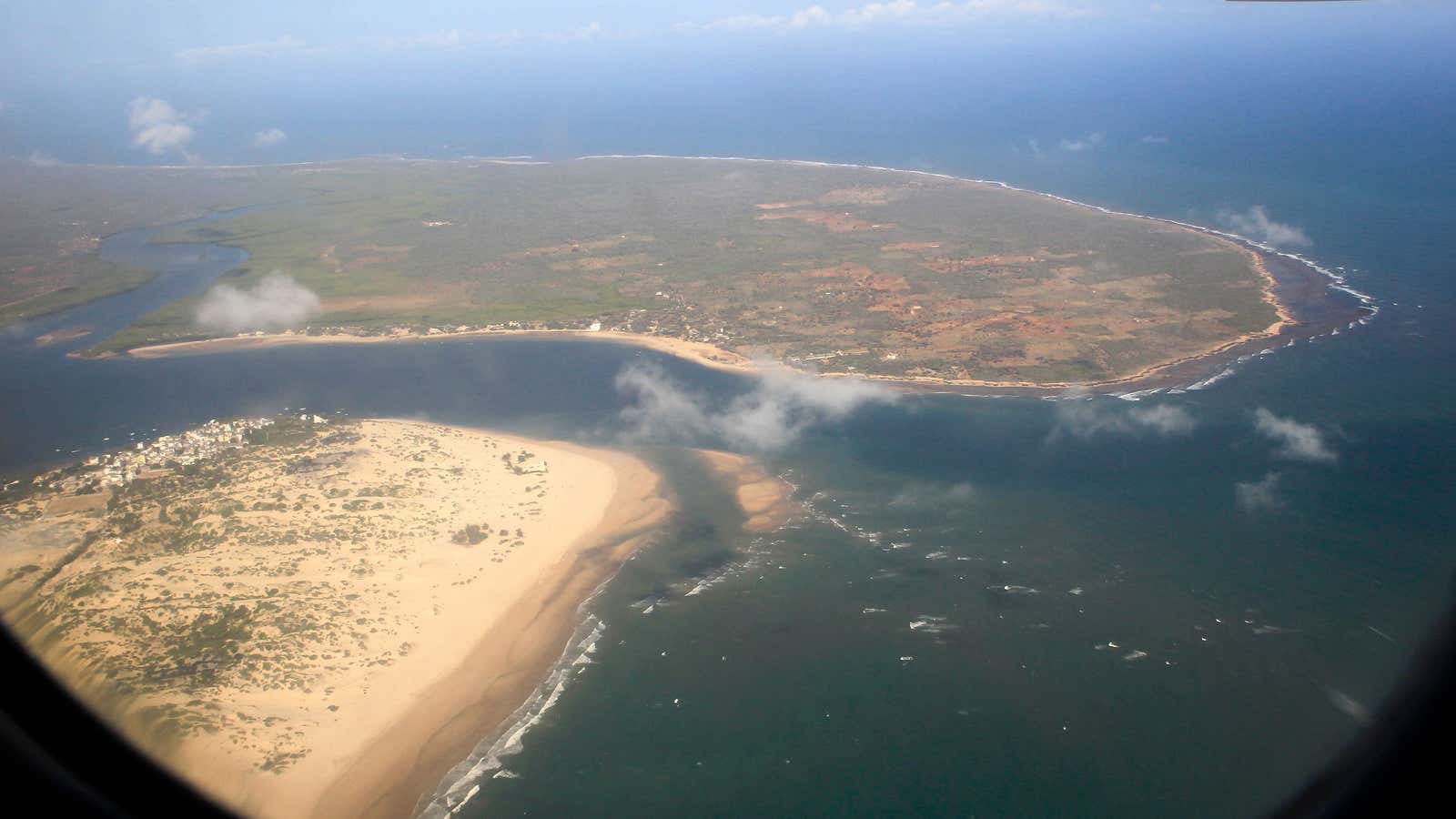 An aerial view shows the Lamu bay between  in northern Kenya