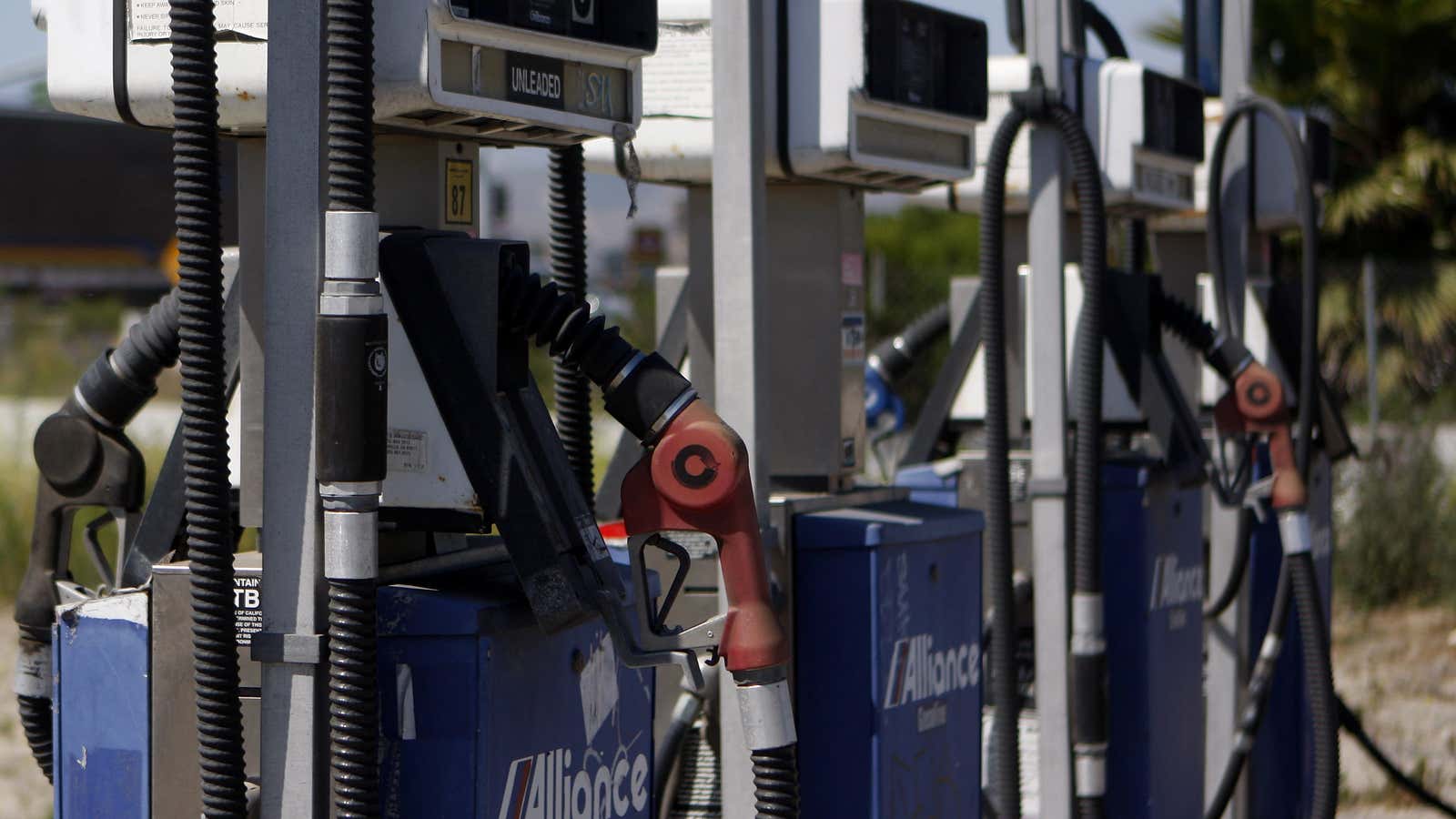 A forlorn row of gas pumps.