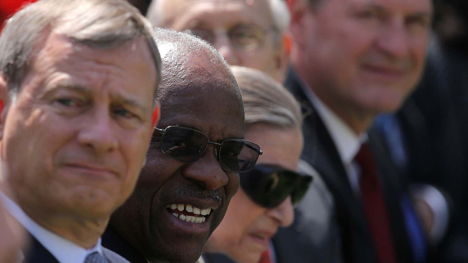 Chief Justice John Roberts, Clarence Thomas, Ruth Bader Ginsburg, Stephen Breyer and Samuel Alito  attend the daytime swearing in ceremony for new Supreme Court Associate Justice Neil Gorsuch on April 10, 2017.