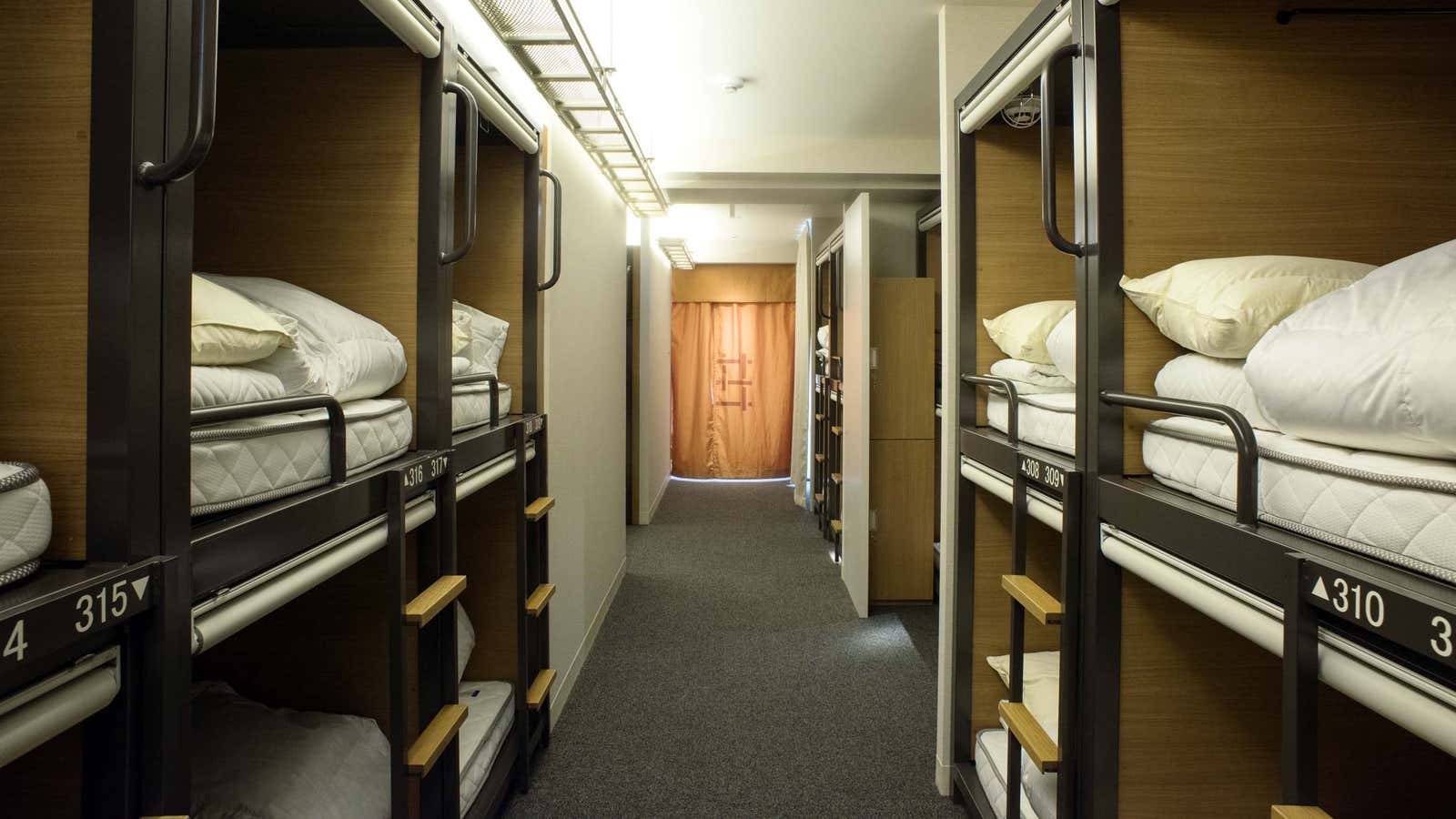 The pods at Grids Akihabara—in what used to be an office—provide a “sleeper train” experience.