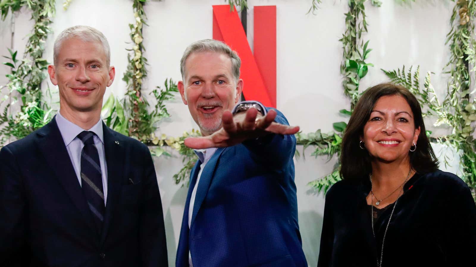 Netflix CEO Reed Hastings (center) with French culture minister Franck Riester and Paris mayor Anne Hidalgo.