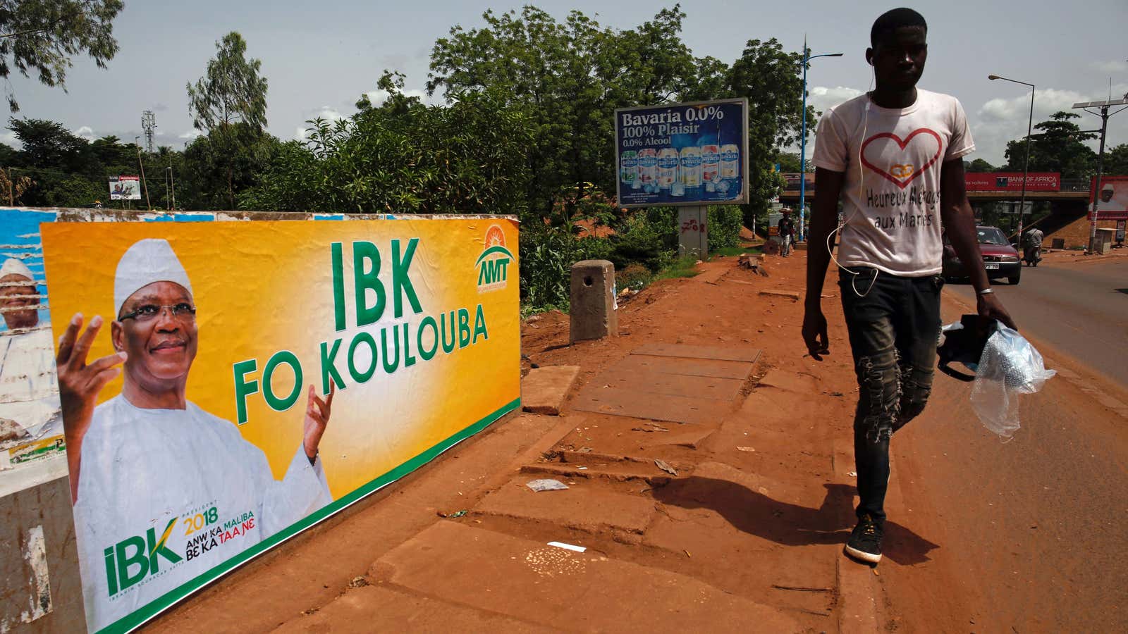 An election poster of Ibrahim Boubakar Keita, president of Mali and candidate for Rally for Mali party (RPM), in Bamako, Mali.