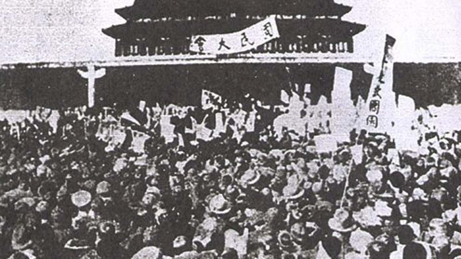 Students protest against the Treaty of Versailles on May 4, 1919.