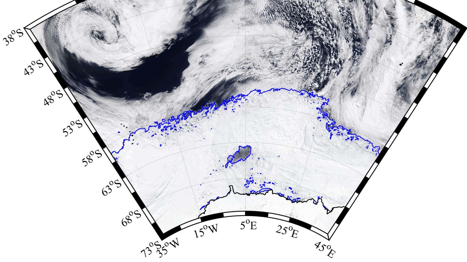 Winter sea ice blankets the Weddell Sea around Antarctica in this satellite image from September 25, 2017. The blue curves represent the ice edge. The polynya is the dark region of open water within the ice pack.