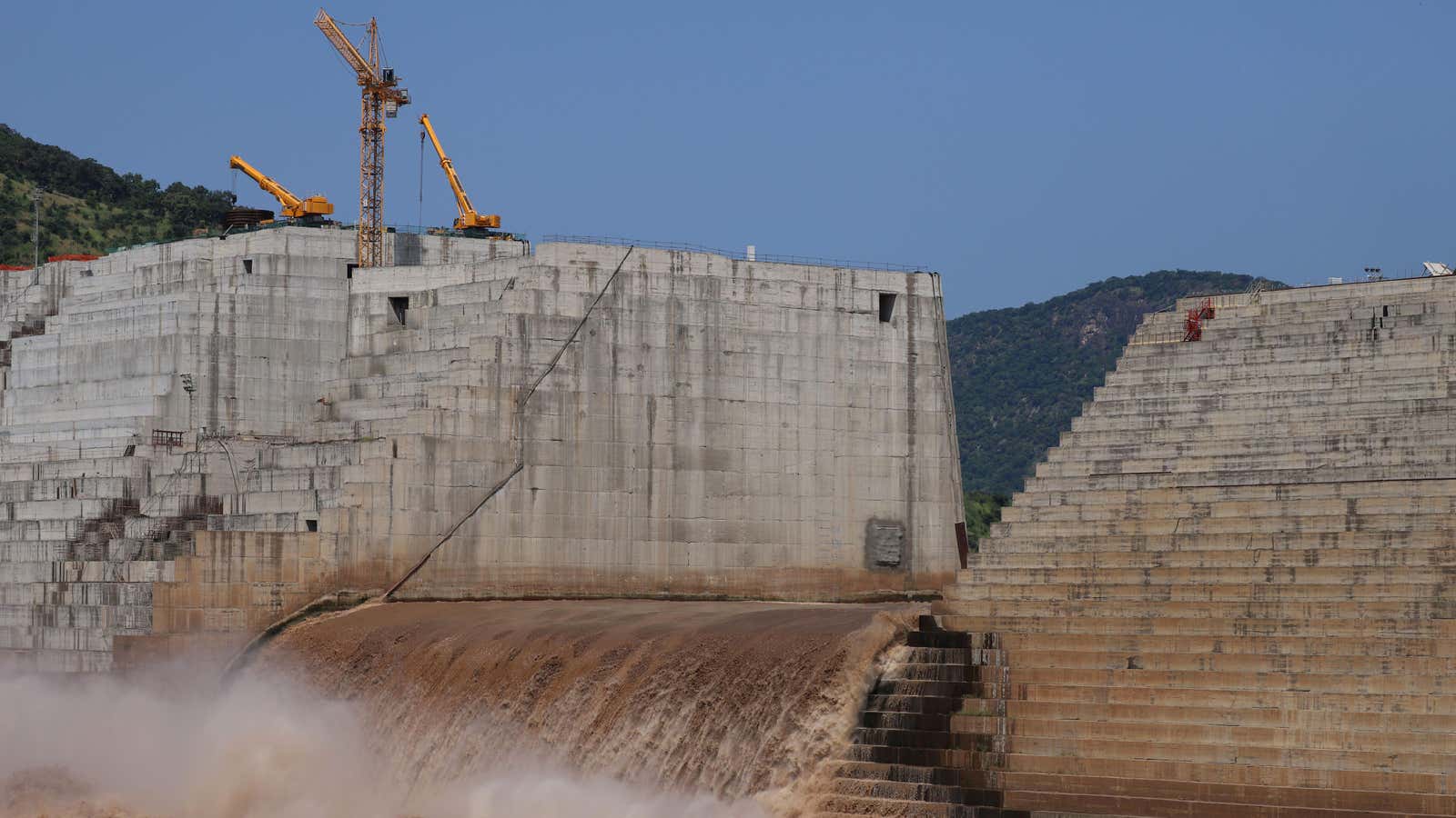 Water flows through Ethiopia’s Grand Renaissance Dam as it undergoes construction work on the river Nile in Guba Woreda, Benishangul Gumuz Region, Ethiopia