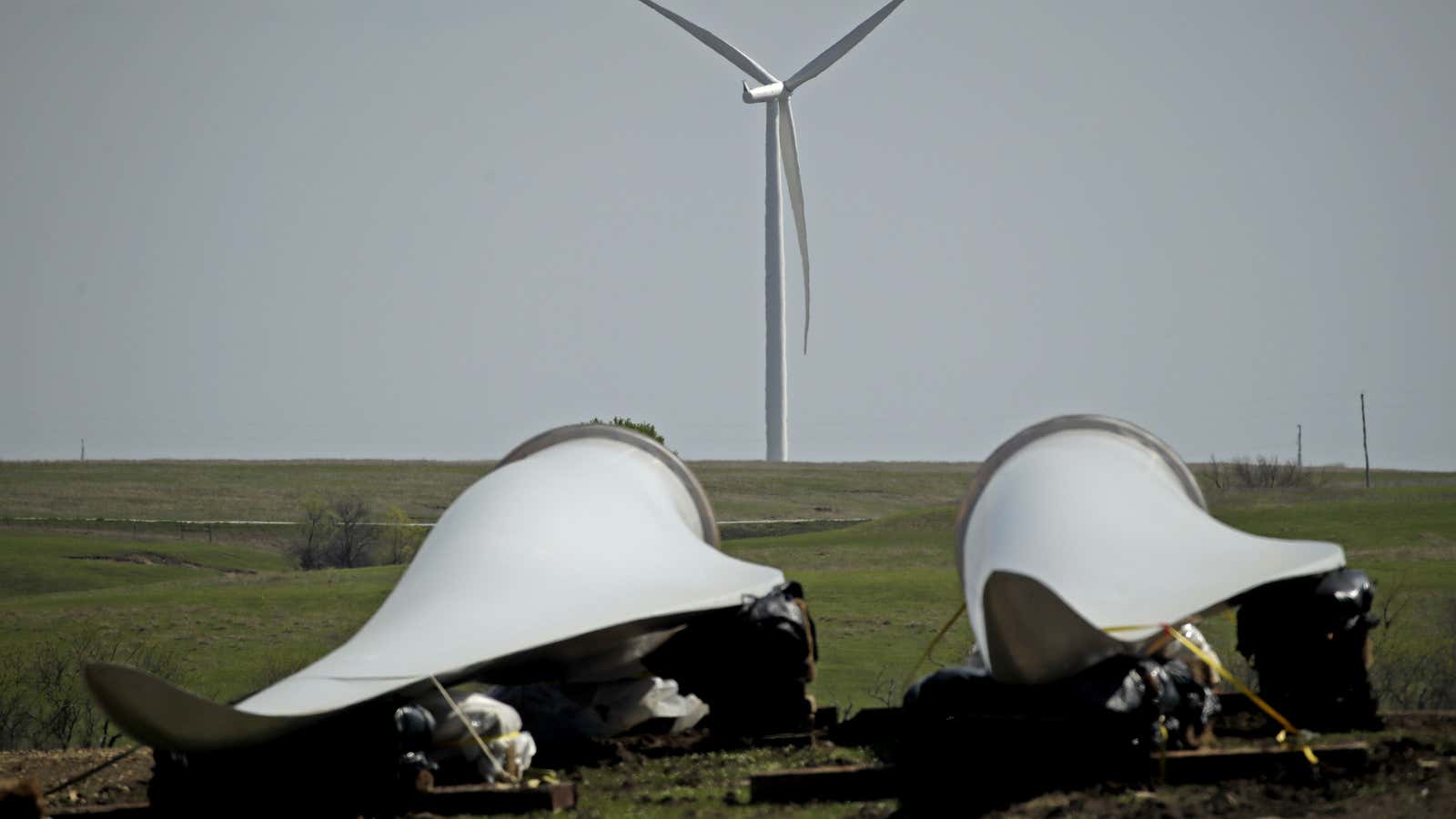 Turbine blades await installation in Kansas in April.