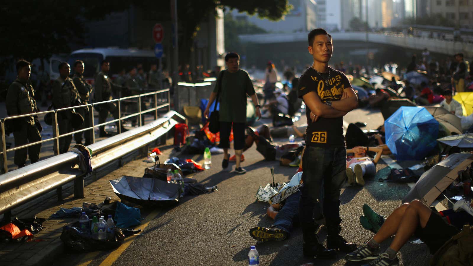 A protester stands outside the Hong Kong government headquarters.