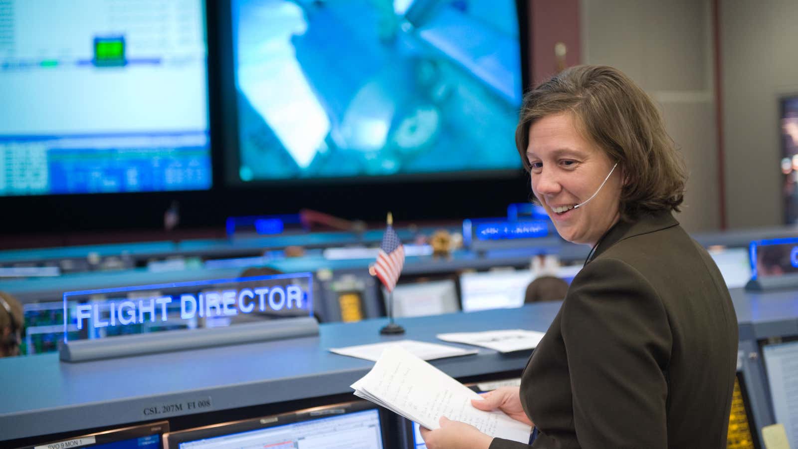 Ridings in 2008 as a flight controller on a space shuttle mission.