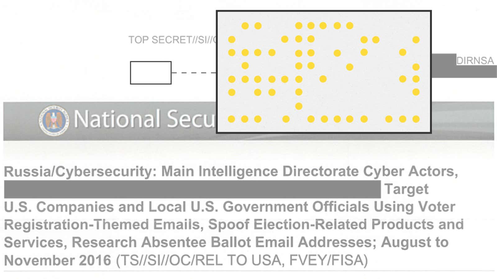 Tracking dots embedded in a recently leaked NSA document, here enlarged and highlighted.