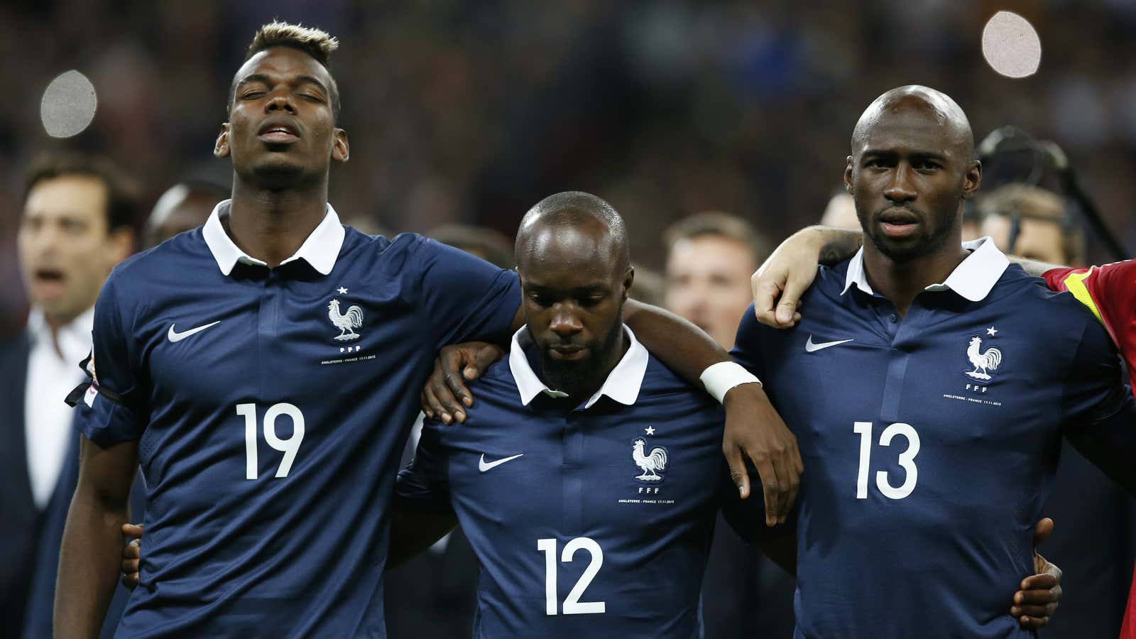 France’s football team sings the national anthem at Wembley Stadium in London