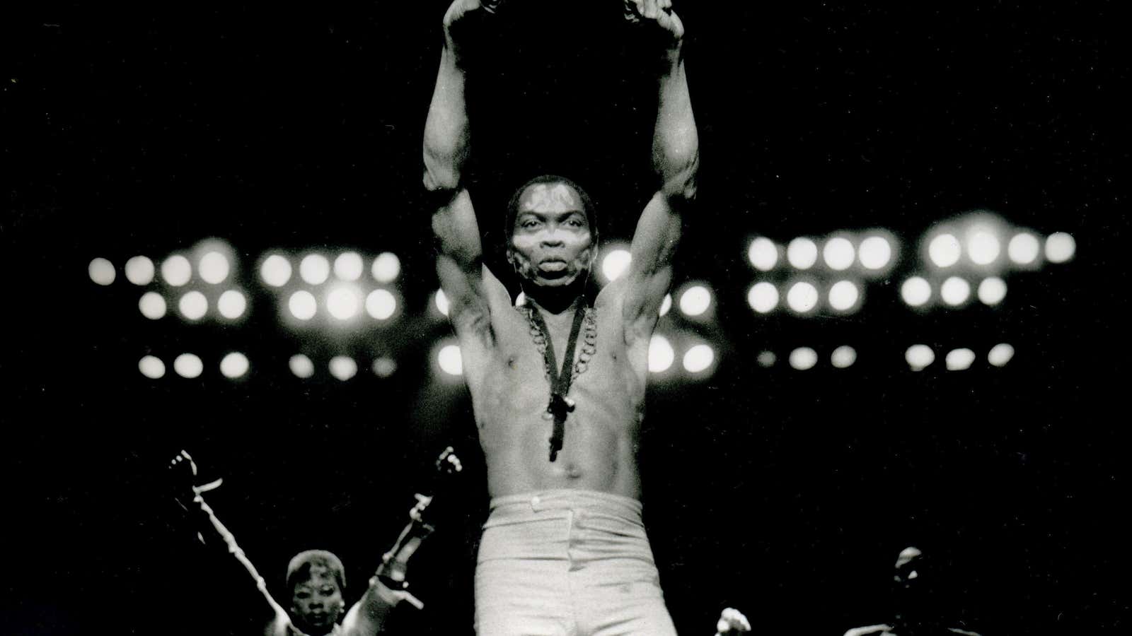 Leni Sinclair’s iconic image of Fela Kuti performing in Detroit in 1986.