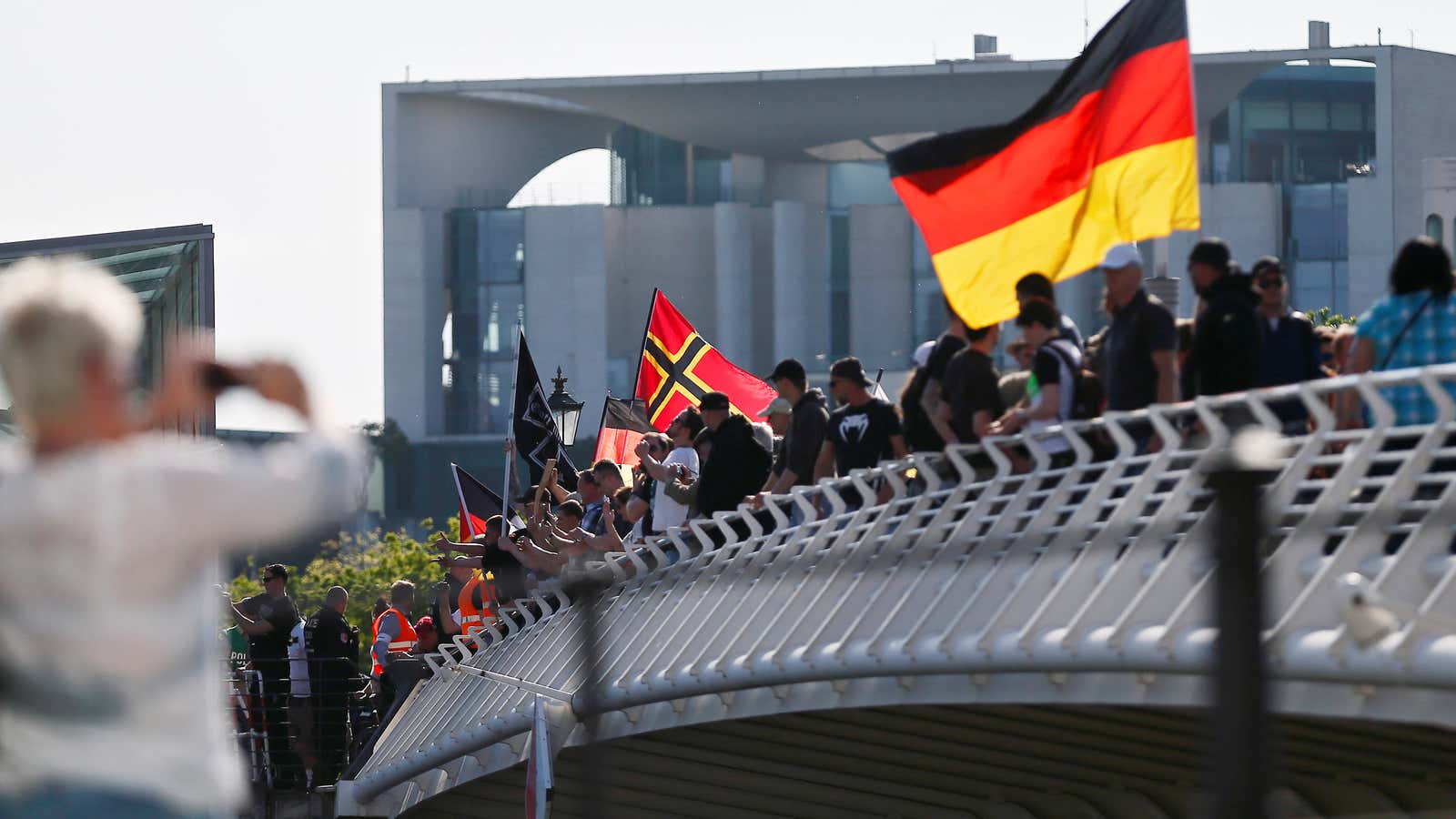 An anti-refugee protest by right-wing demonstrators in Berlin in May 2016