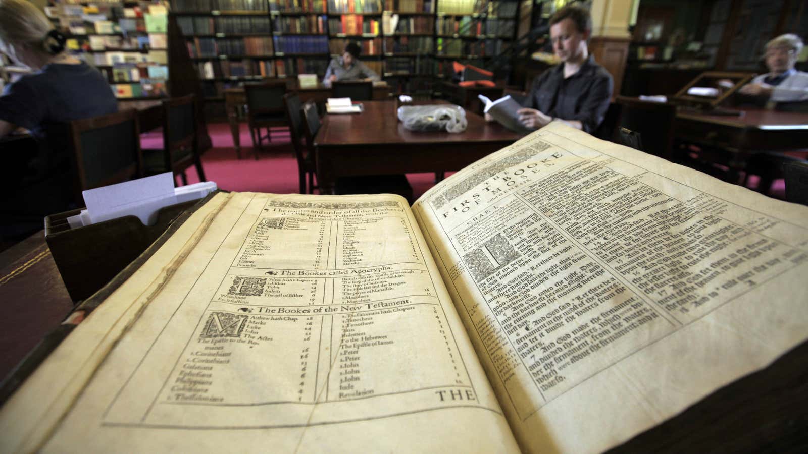 In this Tuesday, April 19, 2011 picture, a copy of the King James bible is displayed at the London Library in central London. Every Sunday,…