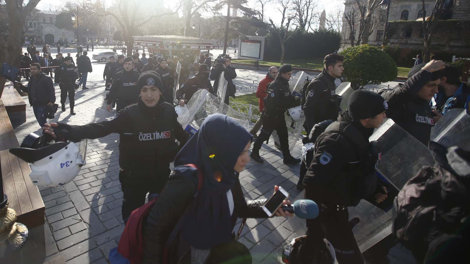 Police secure the square in the Sultanahmet district.