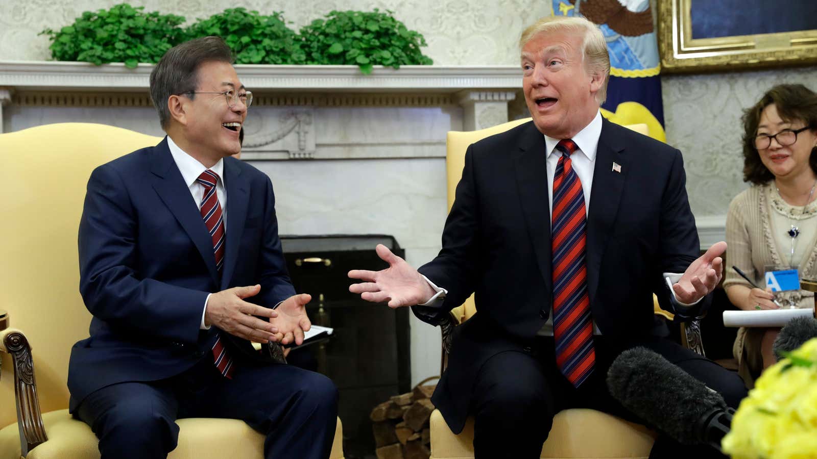 Moon laughs at all Trump’s jokes.