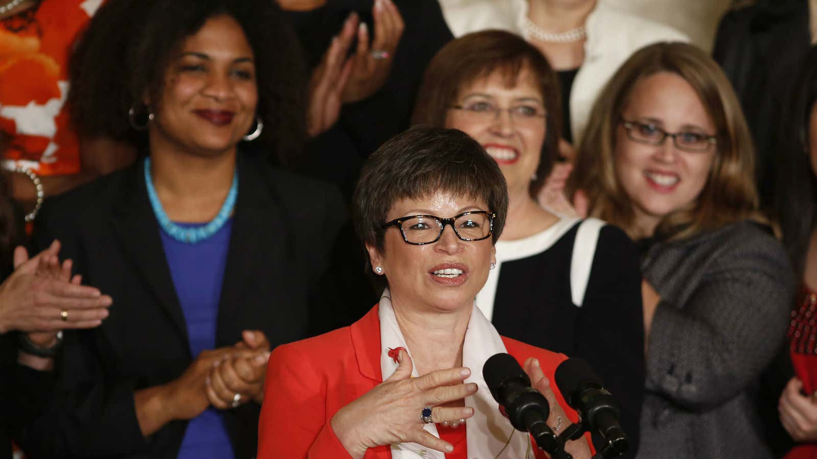 White House senior advisor Valerie Jarrett gives remarks on the 50th anniversary of the Equal Pay Act in the East Room at the White House in Washington, DC.