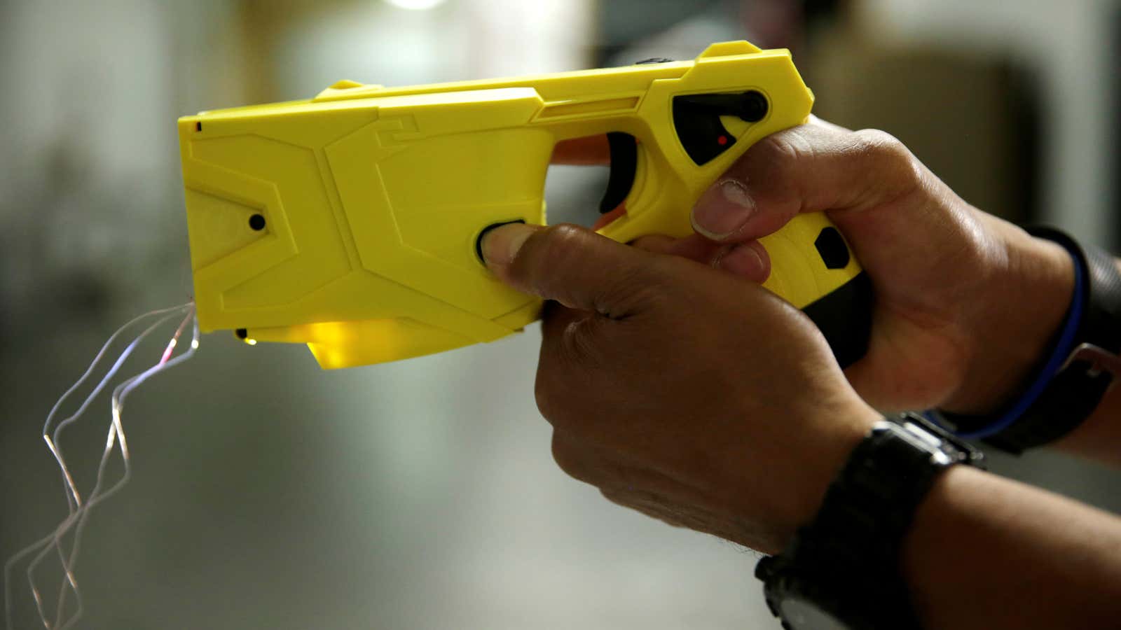 Tasers deliver a disabling shock of 50,000 volts.