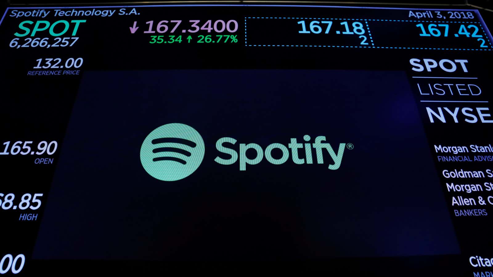 A video screen showing the Spotify logo.