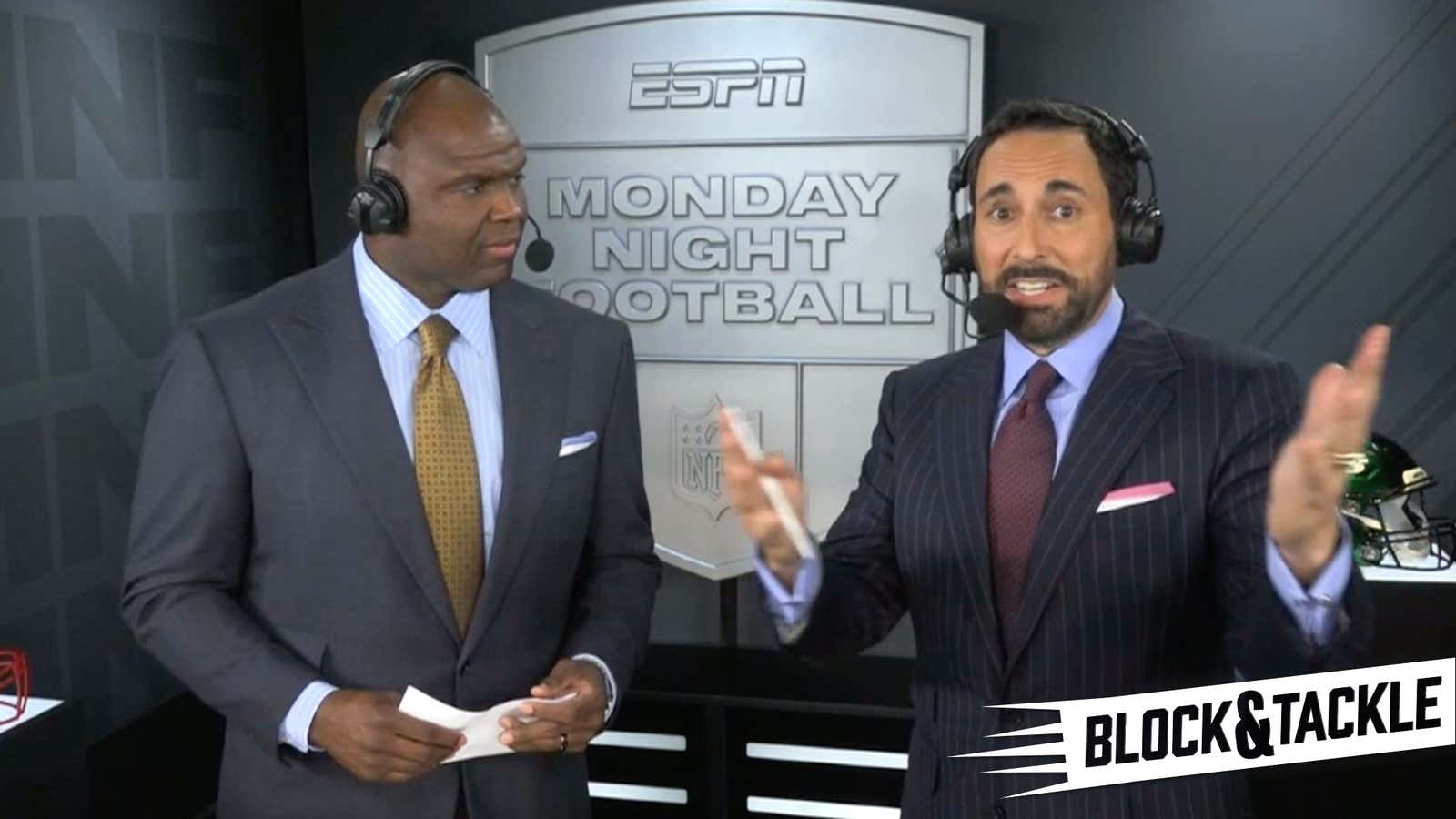 Monday Night Football play-by-play announcer Joe Tessitore (right) gesticulates while analyst Booger McFarland looks on.