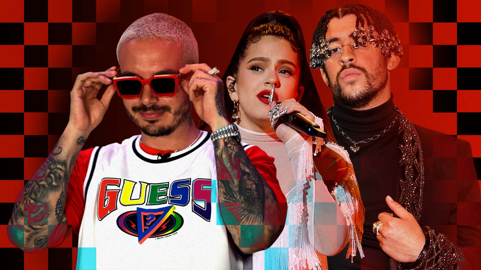 From left: J Balvin (Photo: Alfredo Estrella/Getty Images), Rosalía (Photo: John Shearer/Getty Images), Bad Bunny (Photo: Amy Sussman/BBMA2020/Getty Images for dcp)