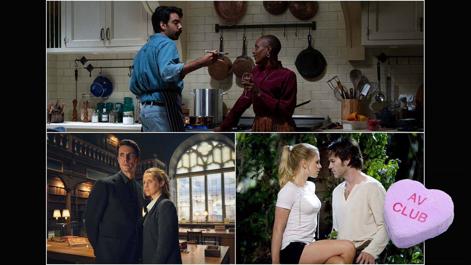 Clockwise from top: The Haunting Of Bly Manor: Rahul Kohli and T’Nia Miller (Eike Schroter/Netflix); True Blood: Anna Paquin and Stephen Moyer (HBO); A Discovery Of Witches: Matthew Goode and Teresa Palmer (SundanceNow)
