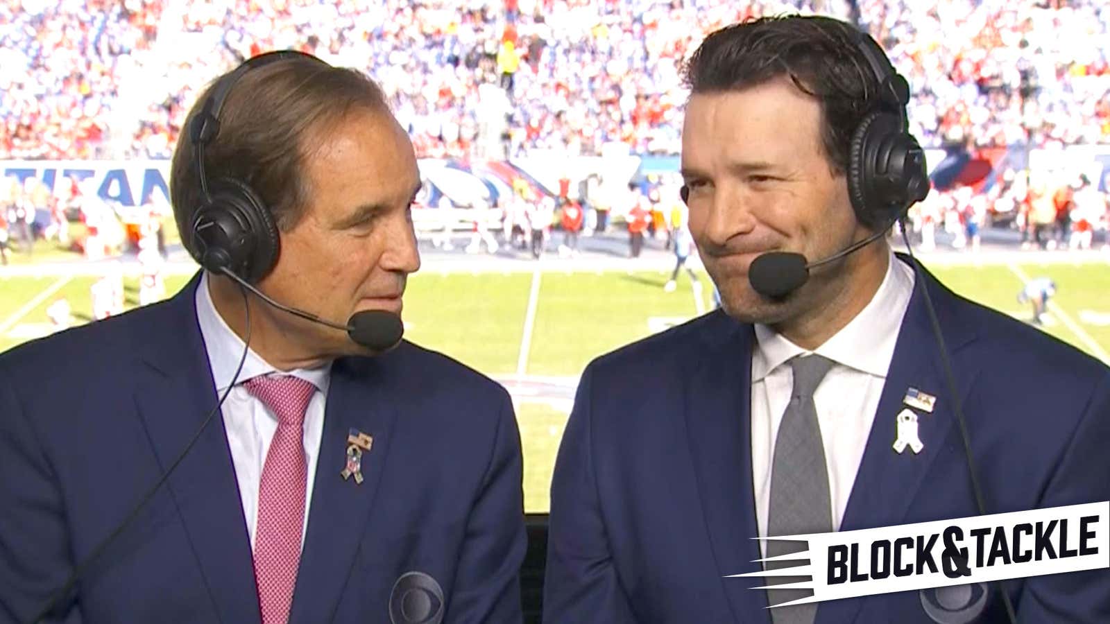 CBS play-by-play announcer Jim Nantz (left) and analyst Tony Romo