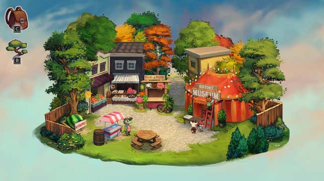 A village scene, with folks setting up for the festival, stalls and a tent being prepared.