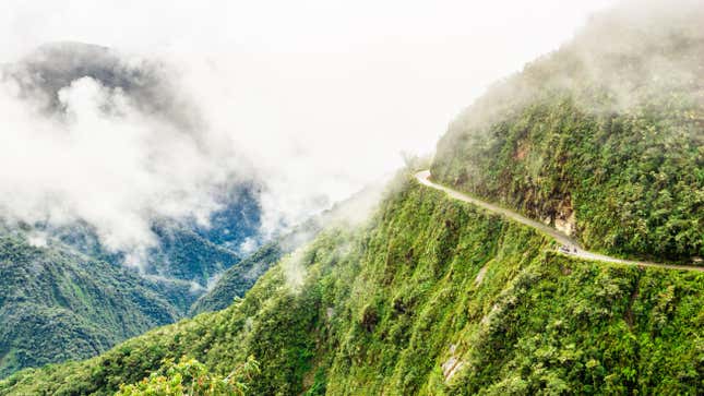 View on foggy death road in the Yungas in Bolivia